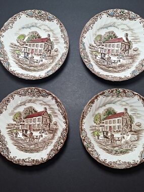 Johnson Brothers Transferware Plates in Brown, Red, Green and Blue (Set of 4)